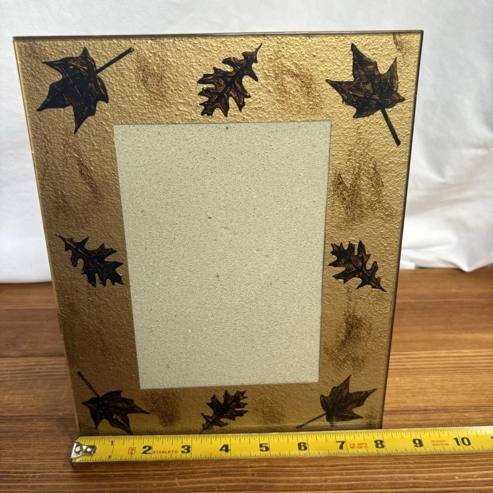 Decorative Glass Picture Frame Autumn Fall Leaf Design Holds 5x7 Photo Gold Tone